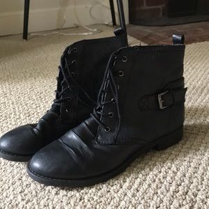 Faux Leather Black Combat Boots
